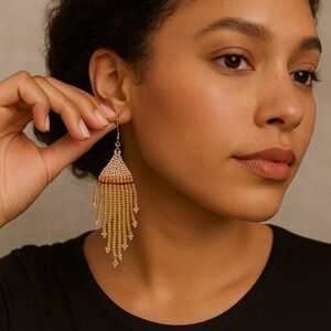 Chic Beaded Tassel Earrings in Cream and Red